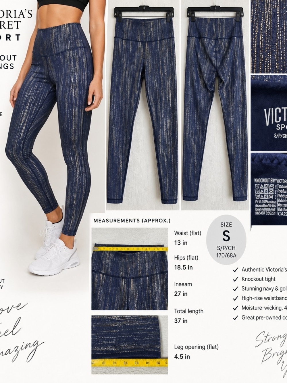 Victoria’s Secret Sport Knockout Leggings S Navy Gold Metallic High Rise